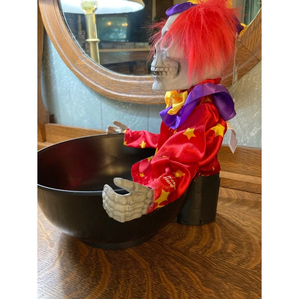 Animated Skeleton Clown Halloween Candy Bowl Light Up Red Eyes Sound Sensor